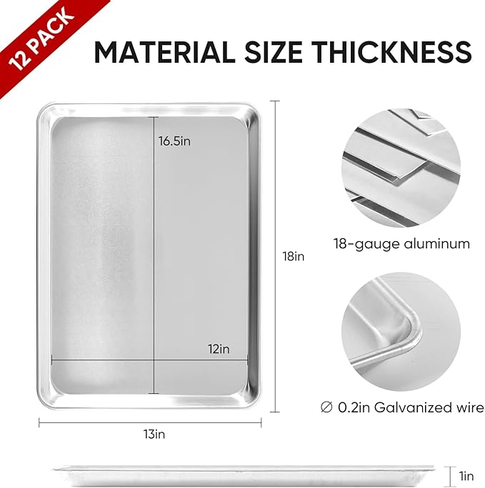TENUP 12 Pack Aluminum Half Sheet Pan, 18" x 13" Heavy Duty Commercial Baking Tray Reinforced Rim