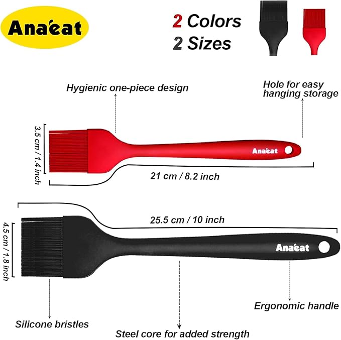 Anaeat 2 Pack Silicone Basting Pastry Brushes - Heat Resistant Brush with Soft Bristles, Hygienic