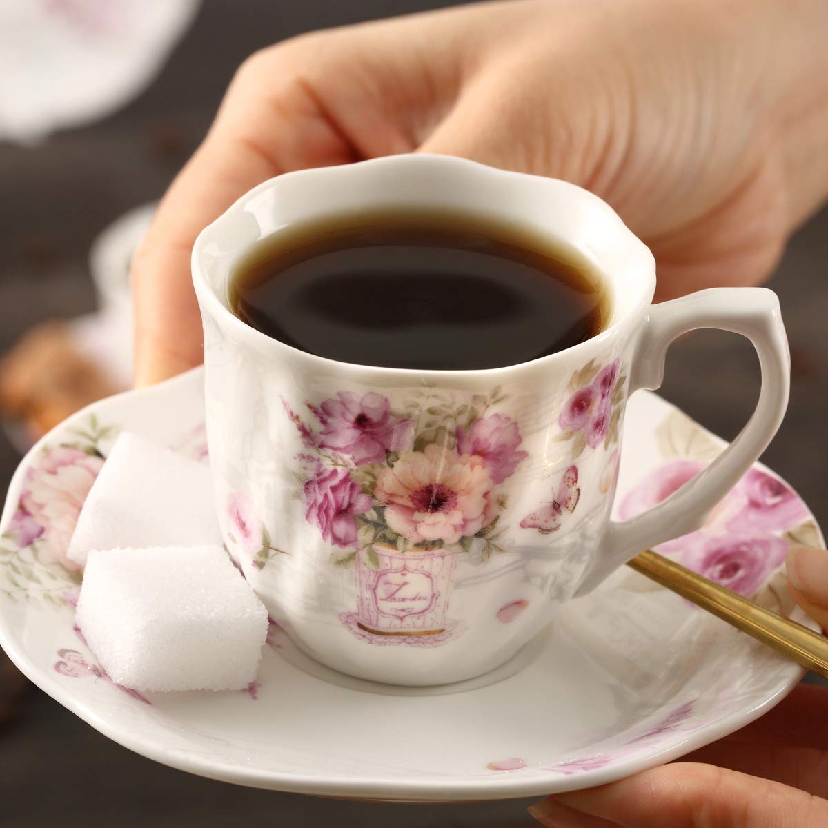 GuangYang 2.5 oz Porcelain Espresso Cups and Saucers Set – Floral Design, Purple Pattern