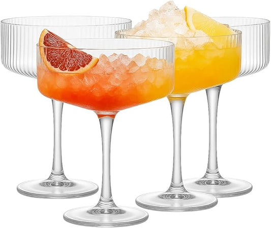 Vintage 4 Pcs Ribbed Coupe Glasses, 11 oz 100% Crystal Coupe Glass Set, Unique Martini Glass