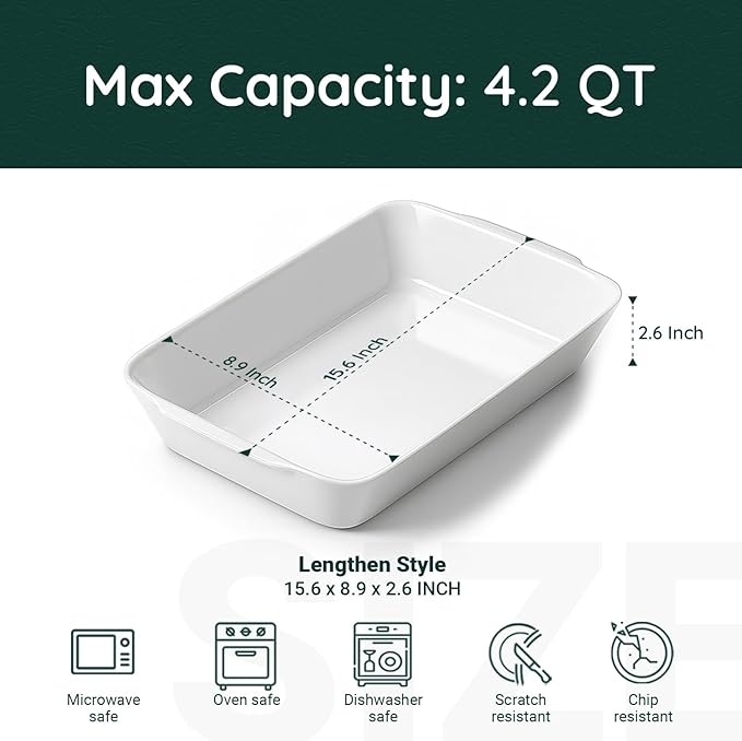 4.2 QT White Casserole Dishes for Oven, Baking dishes with Roasting Racks, Rectangular Lasagna Pan