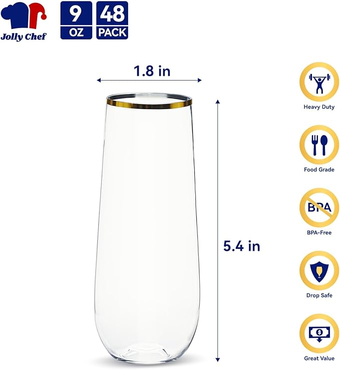 JOLLY CHEF 48 Pack Plastic Champagne Flutes, 9 oz Clear Stemless Champagne Flutes, Plastic