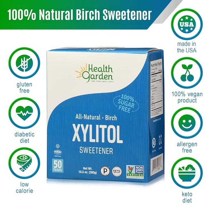 Health Garden Birch Xylitol Sweetener - 50 Packets - Pure Birch Xylitol - Non GMO, Kosher, and Made