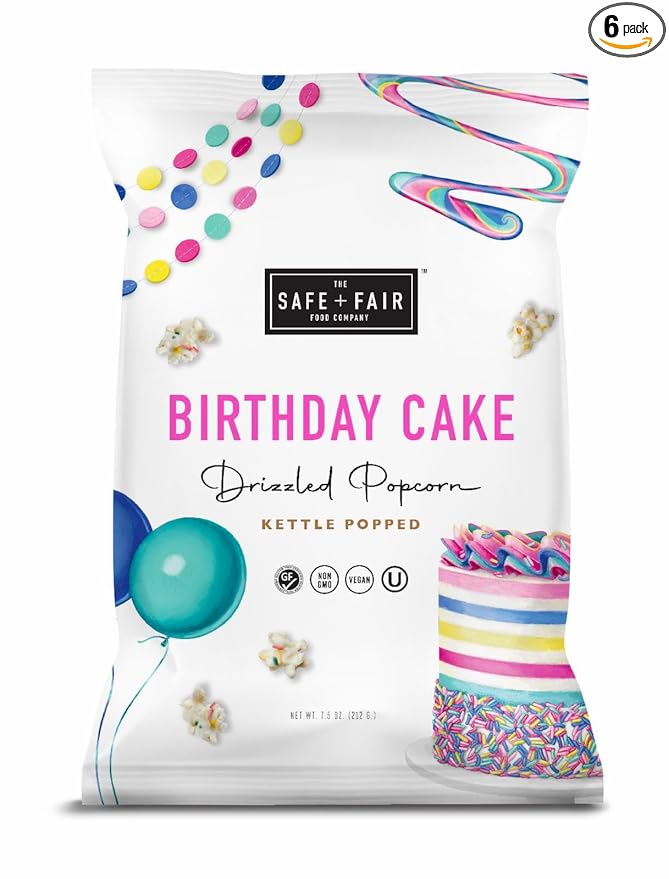 Safe + Fair Birthday Cake Drizzled Popcorn - Gluten-Free, Dairy Free and Vegan Snack - Free From