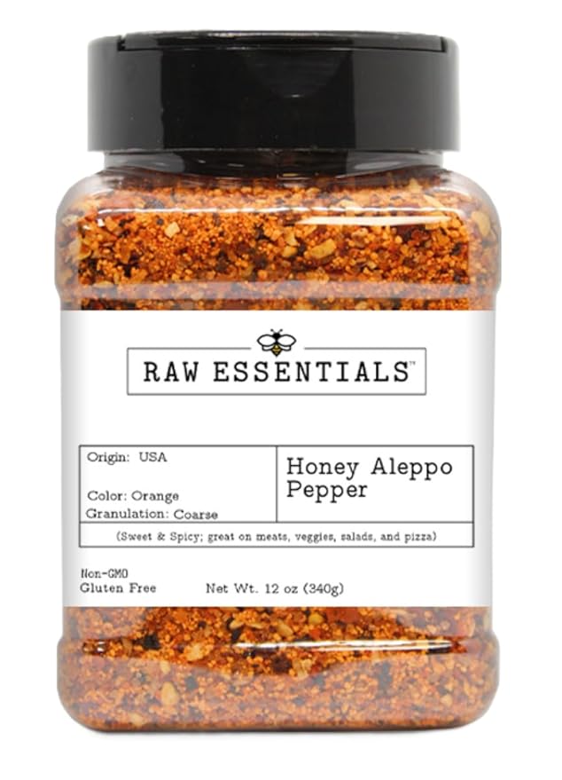 Raw Essentials Honey Aleppo Pepper - Sweet and Spicy - Great on Meats, Veggies, Salads, and Pizza