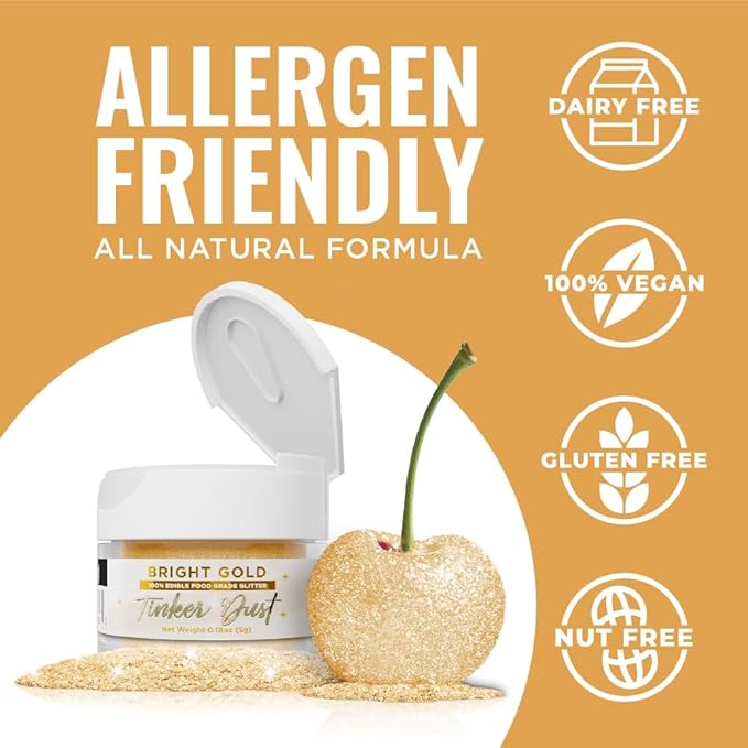 Bakell - Bright Gold Tinker Dust (5g, 1x Jar) Edible Glitter for Food, Desserts, and Beverages!