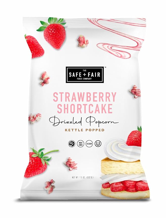 Safe + Fair Plant-Based Gourmet Strawberry Flavored Popcorn - Strawberry Shortcake Drizzled Kettle