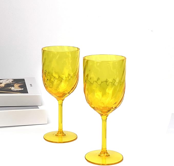 Yalin Set of 6 Unbreakable 15 oz Acrylic Plastic Wine and Water Tumbler Stackable Goblets. (Yellow