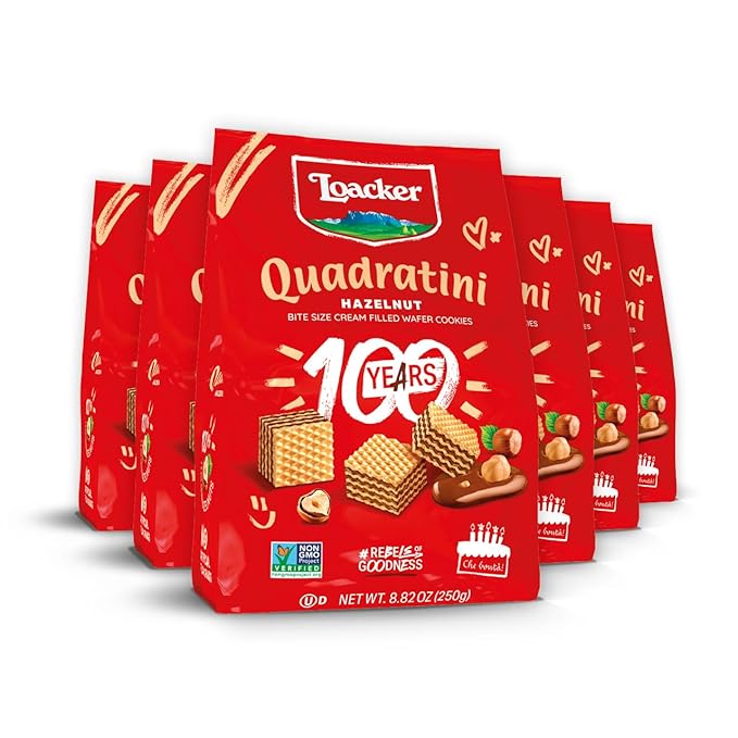 Loacker Quadratini Hazelnut Wafer Cookies LARGE - 30% Less Sugar - Premium Crispy Bite Size Wafers