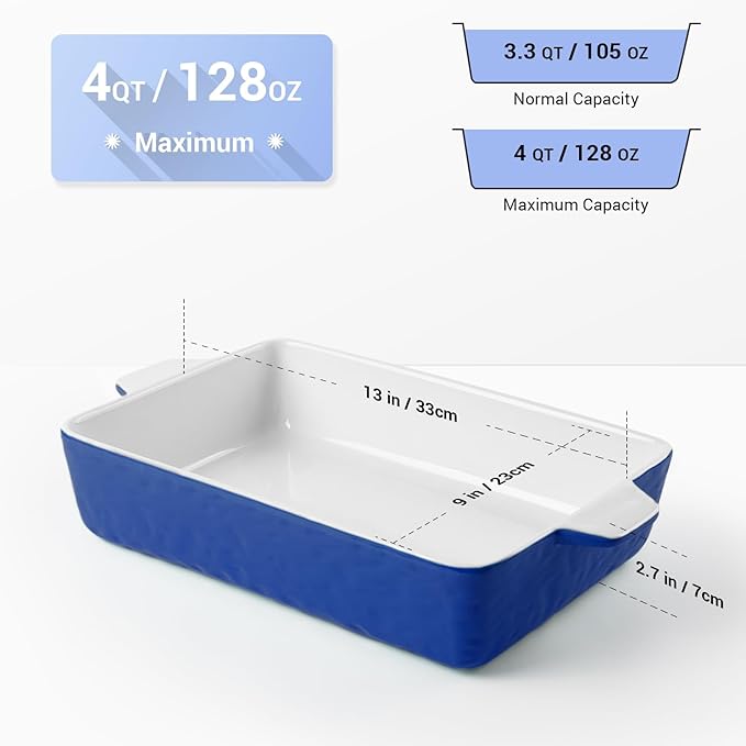 4 QT Baking Dish, Casserole Dishes for Oven, 9x13 Baking Pan with Handles, Lasagna Pan Deep