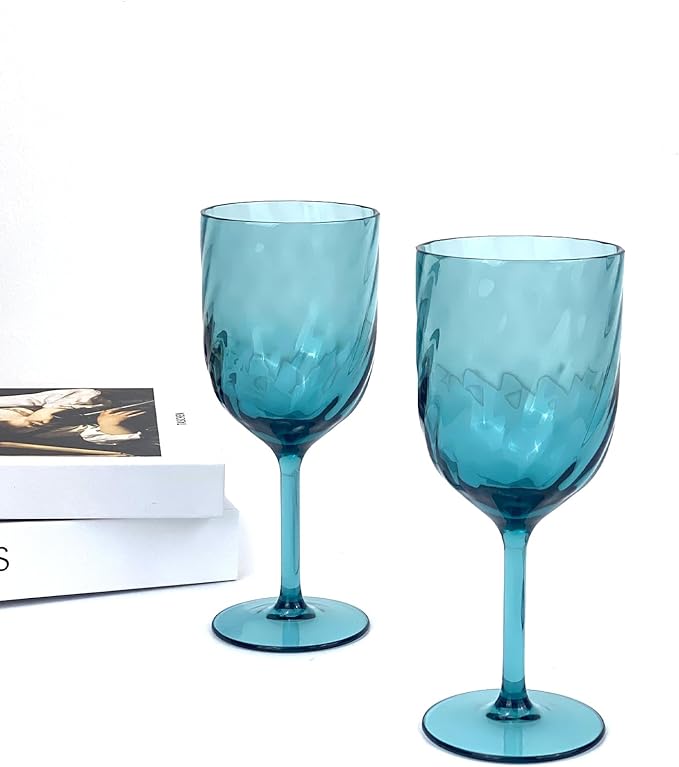 Yalin Set of 6 Unbreakable 15 oz Acrylic Plastic Wine and Water Tumbler Stackable Goblets. (Cyan