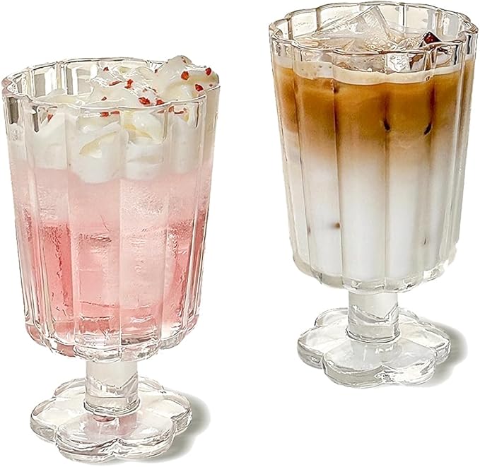 Footed Ice Cream Cups Drinking Glasses Set of 2 (Transparent), Flower Petal Style Glass Goblet