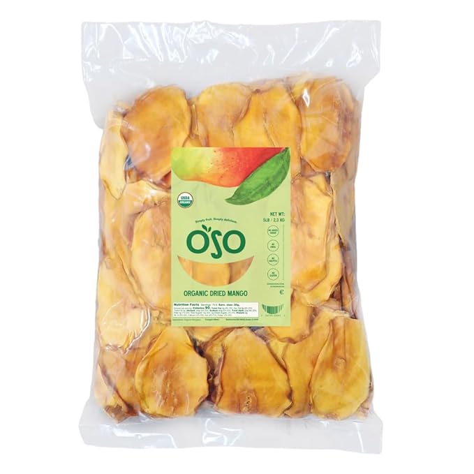Oso Snacks Organic Dried Mango Slices. Premium Quality, Large Round Halves!| 5LB Bulk Bag| No Sugar