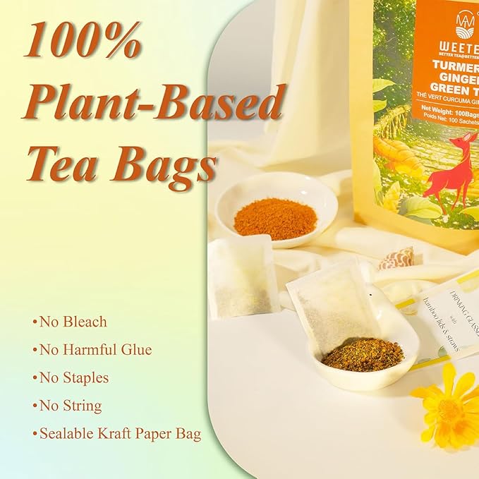 WT WEETEE Turmeric Ginger Green Tea Bags, 100 Count Made Turmeric, Ginger Root, Cinnamon and Honey