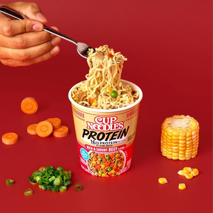 Nissin Cup Noodles Protein Ramen, Beef Flavor with Bone Broth, 16g Protein, 2.54 Ounce Cup (Pack of