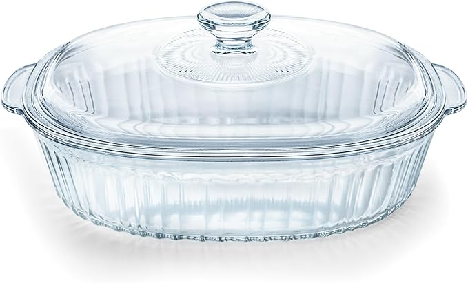 Luvan 2.8L/3Qt Glass Casserole Dish with Lid, Ribbed Oval Glass Baking Dish for Oven & Microwave