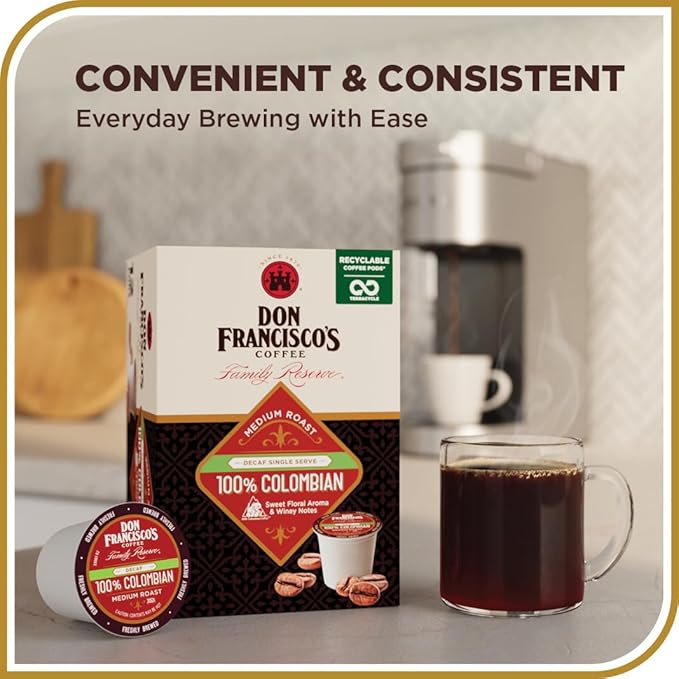 Don Francisco's Decaf Colombia Coffee - 24 K-Cup Compatible Single-Serve Pods - 99.7% Caffeine-Free