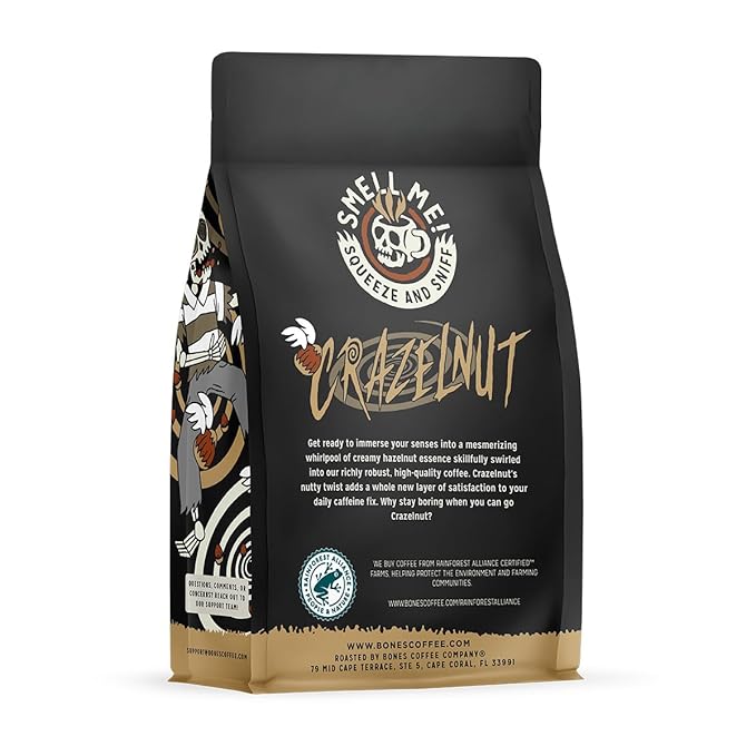 Bones Coffee Company Crazelnut, Hazelnut Flavored Coffee, Medium Roast Low Acid Arabica Beans