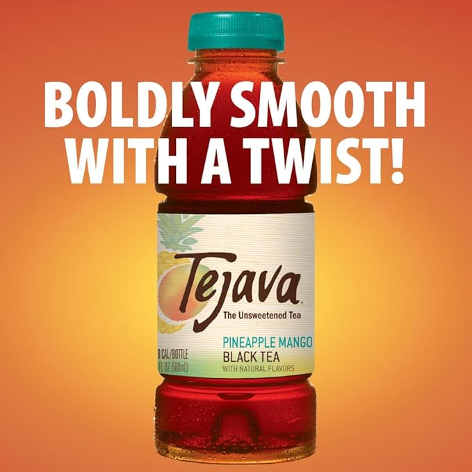 Tejava Pineapple Mango Black Iced Tea, 12 Pack, 16.9oz PET Bottles, Unsweetened, Non-GMO, Kosher