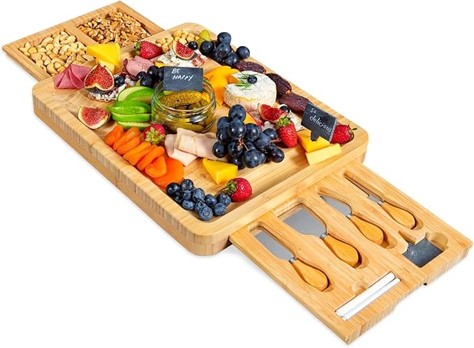 RoyalHouse Unique Bamboo Cheese Board and Knife Set with 2 Slide-Out Cutlery Drawers - Charcuterie