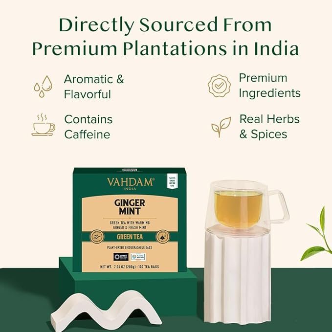 VAHDAM, Ginger Mint Green Tea Bags (100 Count) High Grown Green Tea with Raw Ginger | Medium
