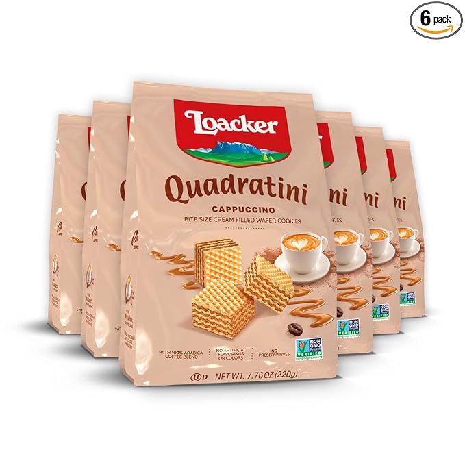 Loacker Quadratini Cappuccino Wafer Cookies LARGE - Premium Crispy Bite Size Wafers - 30% Less