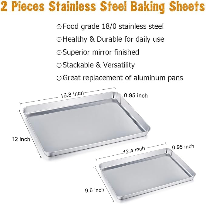 TeamFar Baking Sheet Cookie Sheet Set of 2, Pure Stainless Steel Baking Pan Tray Professional, Non