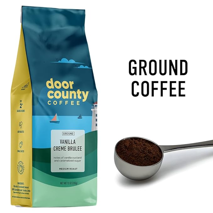 Door County Coffee Vanilla Creme Brulee Flavored - 10oz Bag - Ground Medium Roast - 100% Arabica