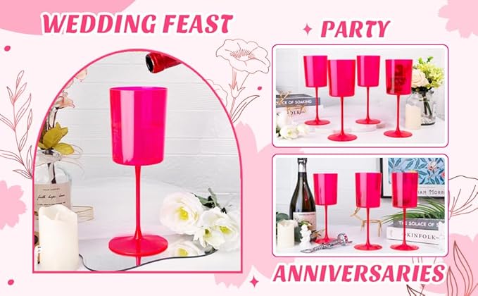 Ciaell 12 Pack Plastic Wine Glasses - 14Oz Hot Pink Plastic Wine Glasses With Stem - Disposable