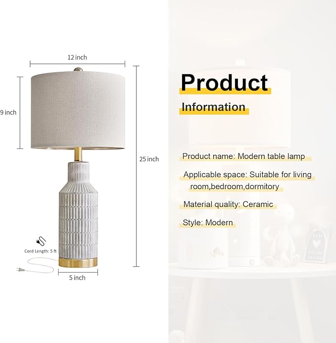 25" Modern Ceramic Lamps Single Table Lamp for Living Room Bedroom Farmhouse Nightstand Bedside