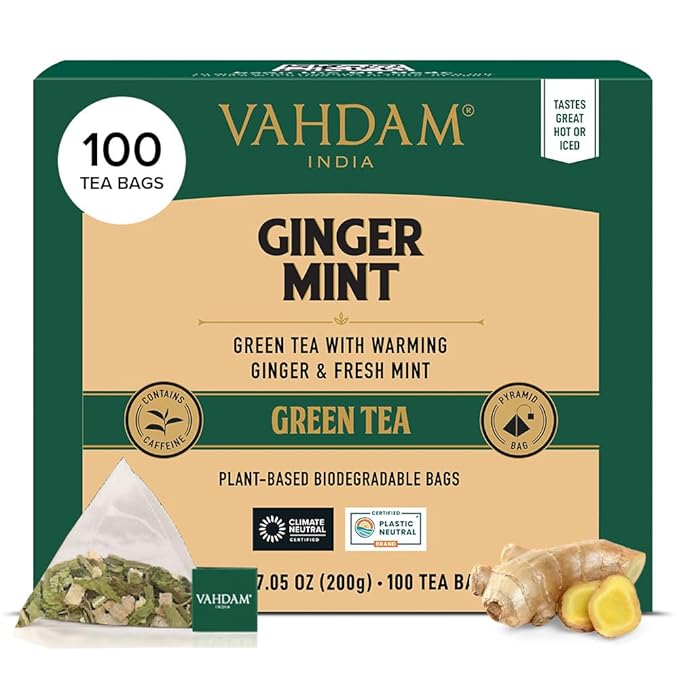 VAHDAM, Ginger Mint Green Tea Bags (100 Count) High Grown Green Tea with Raw Ginger | Medium
