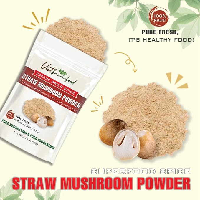 STRAW MUSHROOM POWDER 1.76 Oz (50g) VIETFARMFOOD: Pure, natural freeze-dried spice made from real