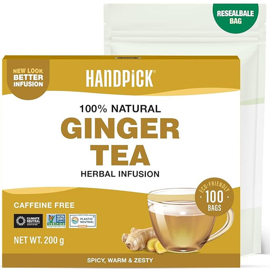 HANDPICK, Ginger Tea Bags, Caffeine Free & 100% Pure Ginger Root | Soothing & Spicy Blend | Round