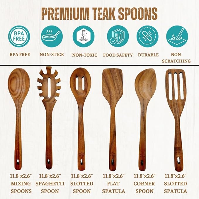 Wooden Utensils for Cooking, Premium Teak Healthy Spoons, Wooden Spoons for Cooking, Durable