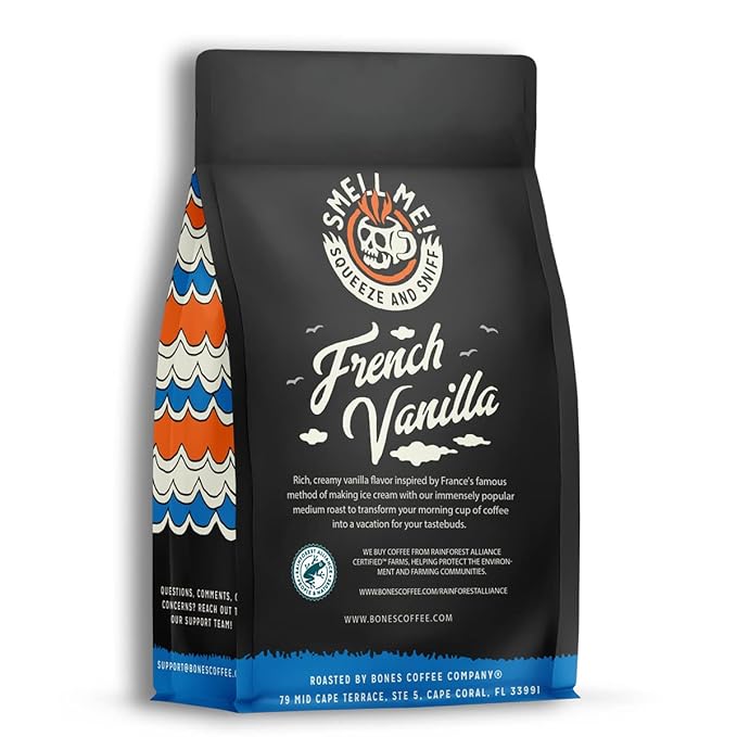 Bones Coffee Company French Vanilla, Creamy Vanilla Flavored Coffee, Medium Roast Low Acid Arabica