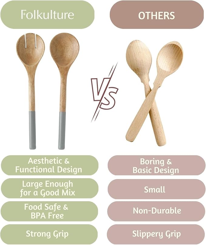 Folkulture Salad Servers or Salad Tongs, Wooden Utensils for Serving Salad, Salad Forks or Salad