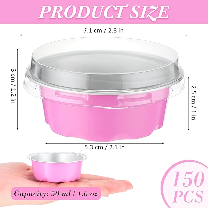 Eaasty 150 Pcs Baking Cups with Lids, 1.6 oz Muffin Cupcake Liners Aluminum Foil Mini Cake Pans