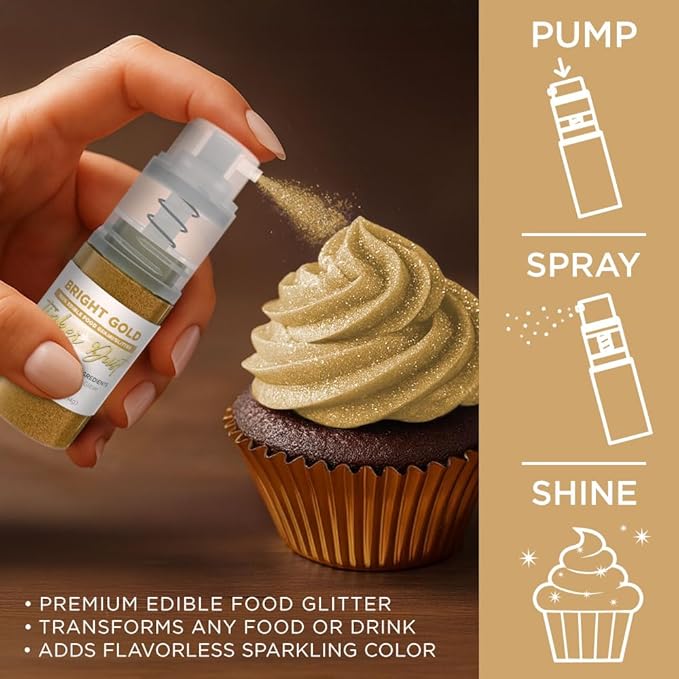Bakell - Bright Gold Tinker Dust (4g, 1x Mini Spray Pump) Edible Glitter for Food, Desserts, and