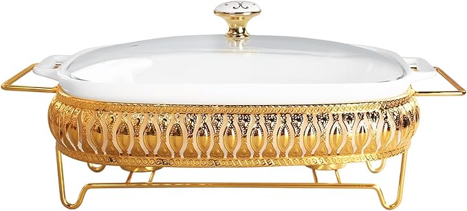 10" x 7" Ceramic Rectangular Casserole Dish with Glass Lid and Gold rack, 1.3 Quart White Serving