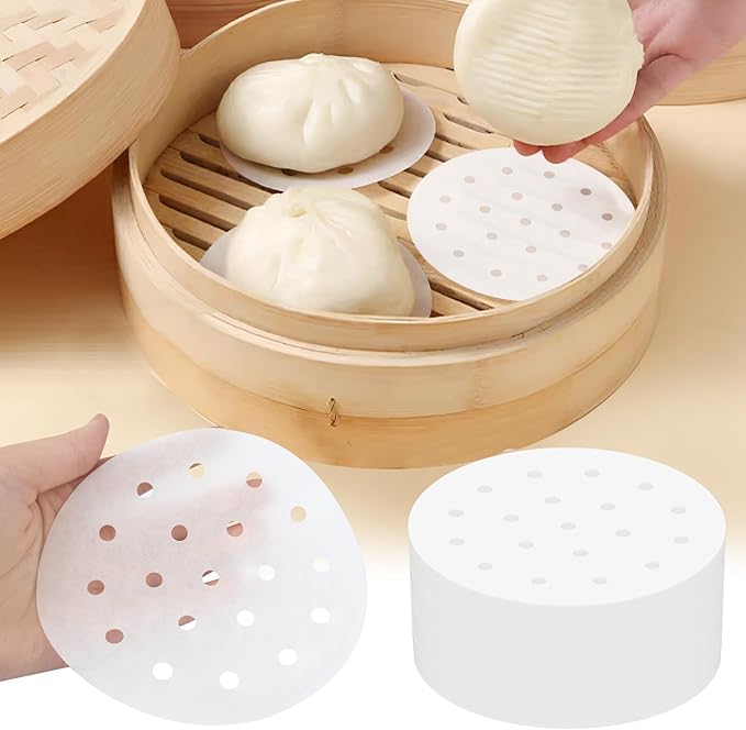 200pcs Air Fryer Liners, 5 inches Bamboo Steamer Liners, Premium Perforated Parchment Steaming
