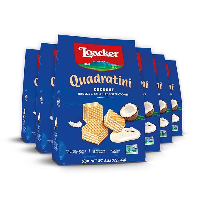 Loacker Quadratini Coconut Wafer Cookies LARGE - 30% Less Sugar - Premium Crispy Bite Size Wafers