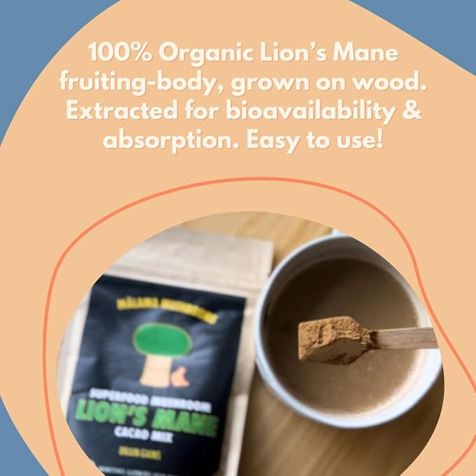 Malama Organic Mushroom Hot Cacao Mix, Lion's Mane Mushroom Powder with Fair Trade Cacao for Focus