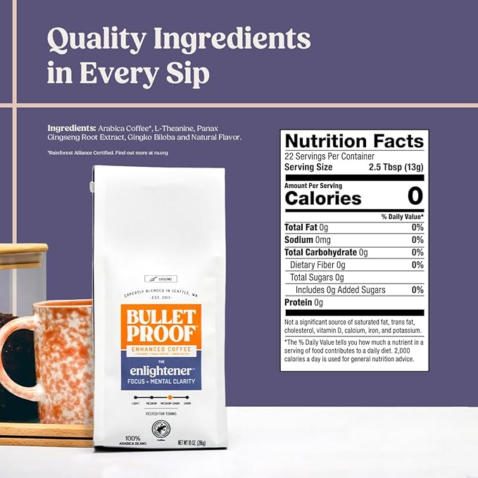Bulletproof The Enlightener Ground Coffee, 10 Ounces, Medium-Dark Roast Enhanced Coffee with