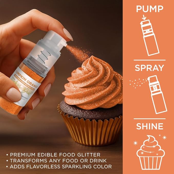 Bakell - Pumpkin Orange Tinker Dust (4g, 1x Mini Spray Pump) Edible Glitter for Food, Desserts, and