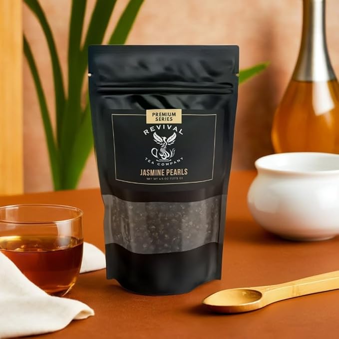 Revival Tea Company Jasmine Tea Pearls - Hand-Rolled Green Tea Scented with Jasmine Flowers - 4.5
