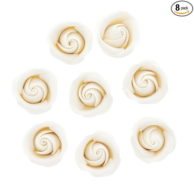 Global Sugar Art Rebecca Rose Sugar Cake Flowers, White 1 Inch with Wire, 8 Count by Chef Alan