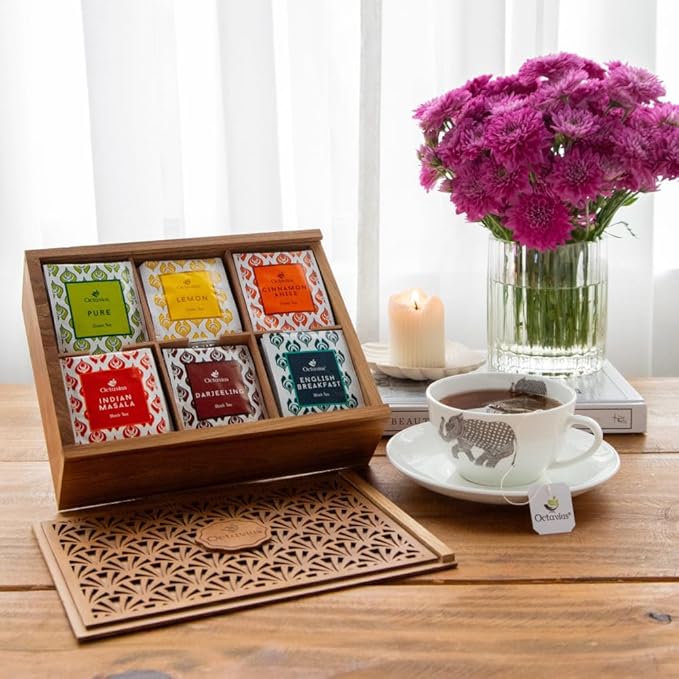 Octavius Tropical Palm Cutwork Wooden Tea Sampler Box | Premium Black & Green Tea Gift Set | 6