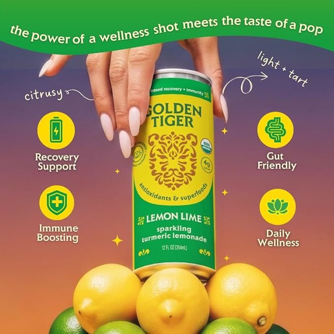 Golden Tiger Turmeric Sparkling Lemonade, Lemon Lime 12-Pack ??Curcumin & Ginger for Inflammation