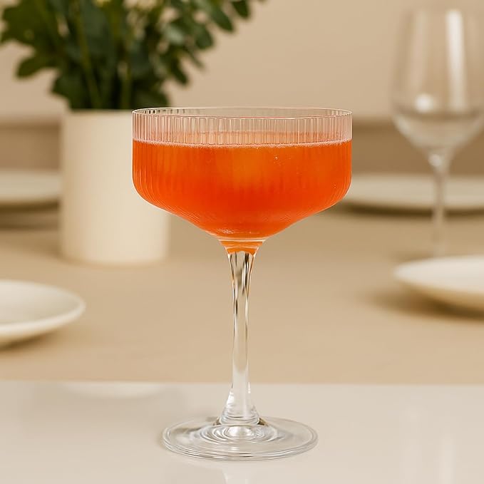 Vintage 4 Pcs Ribbed Coupe Glasses, 11 oz 100% Crystal Coupe Glass Set, Unique Martini Glass