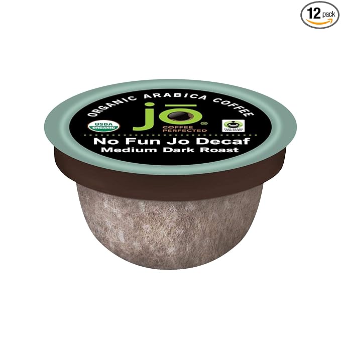 No Fun Jo Decaf: 12 Organic Compostable Pods for Keurig K-Cup Compatible Brewers, Swiss Water